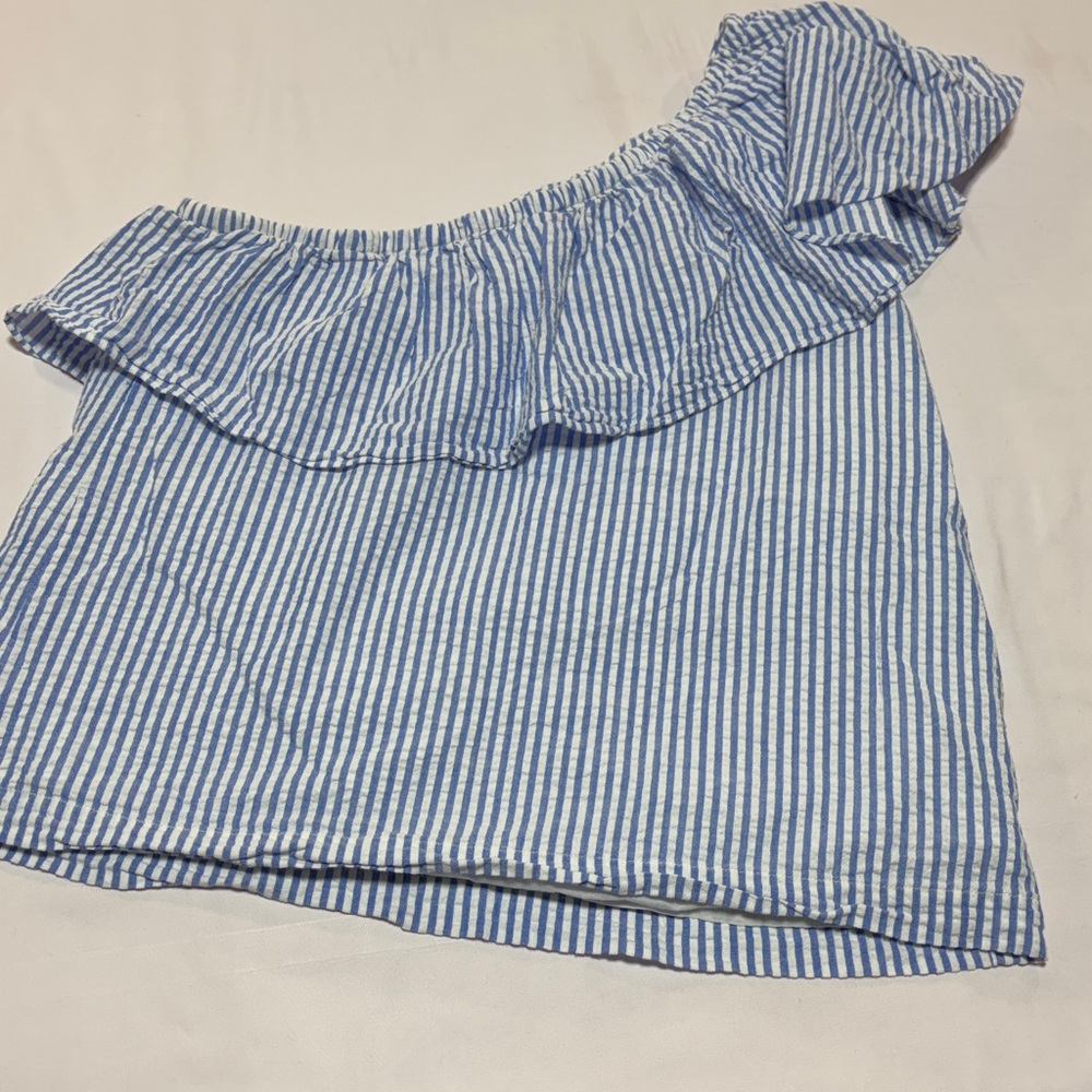 Vineyard Vines Blue Seersucker One Shoulder Ruffle Top Size 8 - Picture 5 of 9